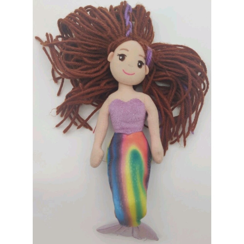 Aurora  Mermaid Plush Doll 10" Brown Purple Yarn Hair Toy Sea Sparkles Nerine